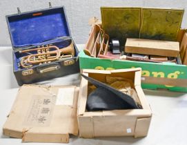 A cased brass trumpet, vintage cameras, drawing instruments, mortar board, etc