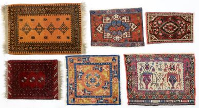 Six rugs, 67 x 93cm, 66 x 82cm, 65 x 65cm, 52 x 65cm, 47 x 62cm and 41 x 56cm