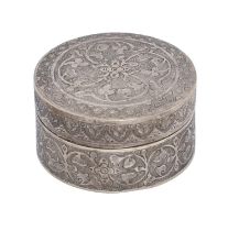 A South East Asian cylindrical box and cover, c1900, engraved with stylised flowers and foliage, 7cm