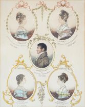 An overpainted print of miniature portraits of James Toller of Old Rowney, Bedfordshire and his four