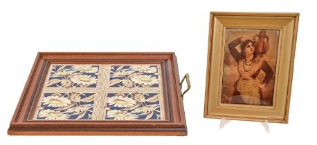 A set of four Victorian painted earthenware tiles mounted as a tea tray, in mahogany frame with