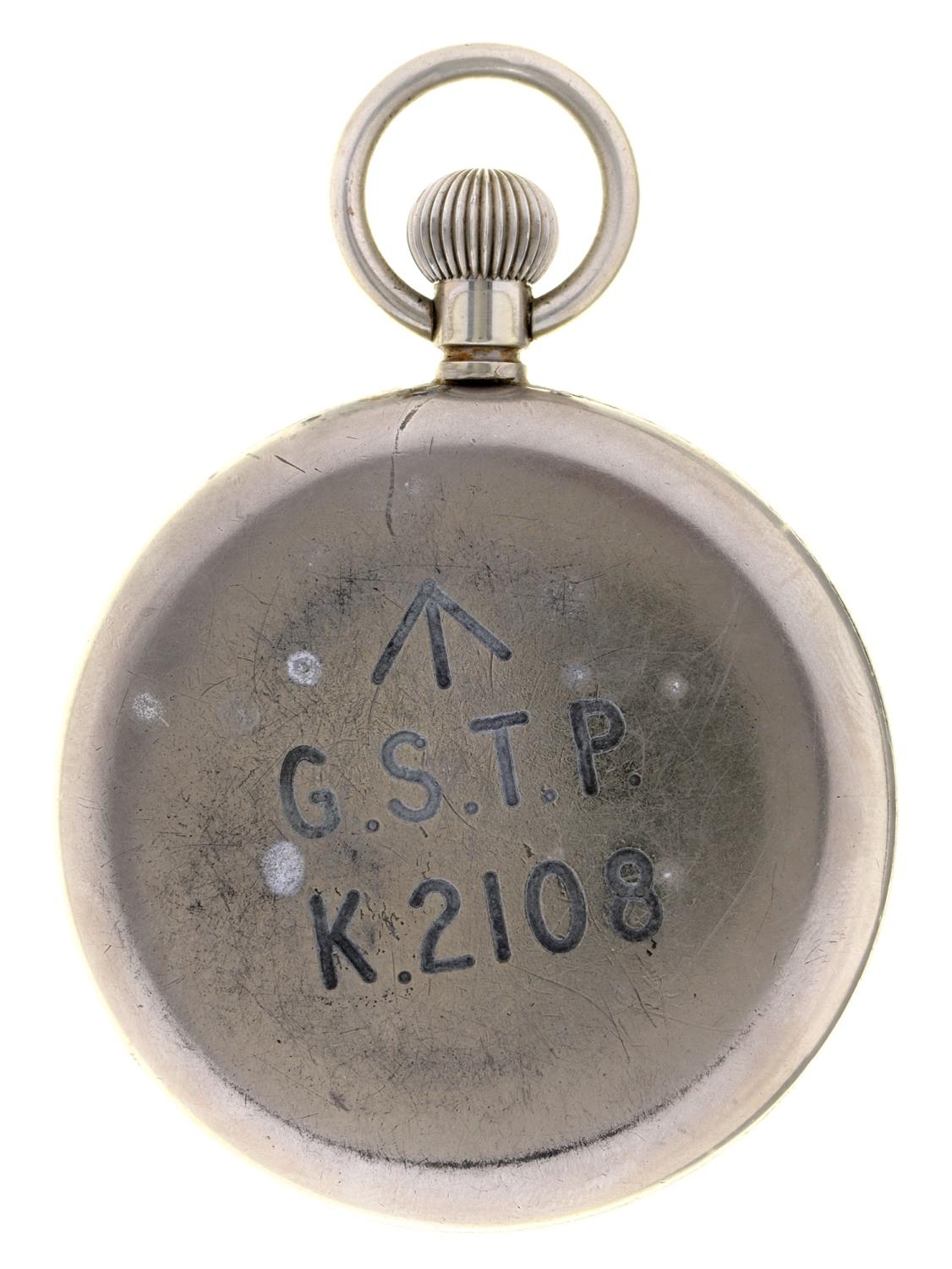 A WWII British military issue plated keyless lever watch, with black dial, 53mm diam, marked on - Image 3 of 4