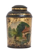 A Victorian oval japanned tinplate tea canister and cover, the canister painted with a man by a