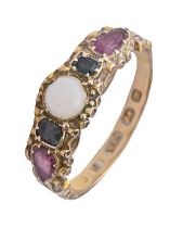 A Victorian gem set 15ct gold ring, with chased and engraved hoop, Birmingham 1866, 2.4g, size P