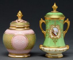 A Coalport jewelled miniature pot pourri jar and cover, c1900, with pink ground, 95mm h, printed