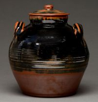 Studio ceramics. Harry and May Davis - Jar and Cover, glazed stoneware with tenmoku, 34cm h,