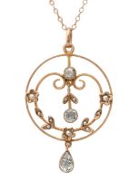 An aquamarine and split pearl openwork pendant, c1910, in gold, 38mm h, marked 9ct and a gold