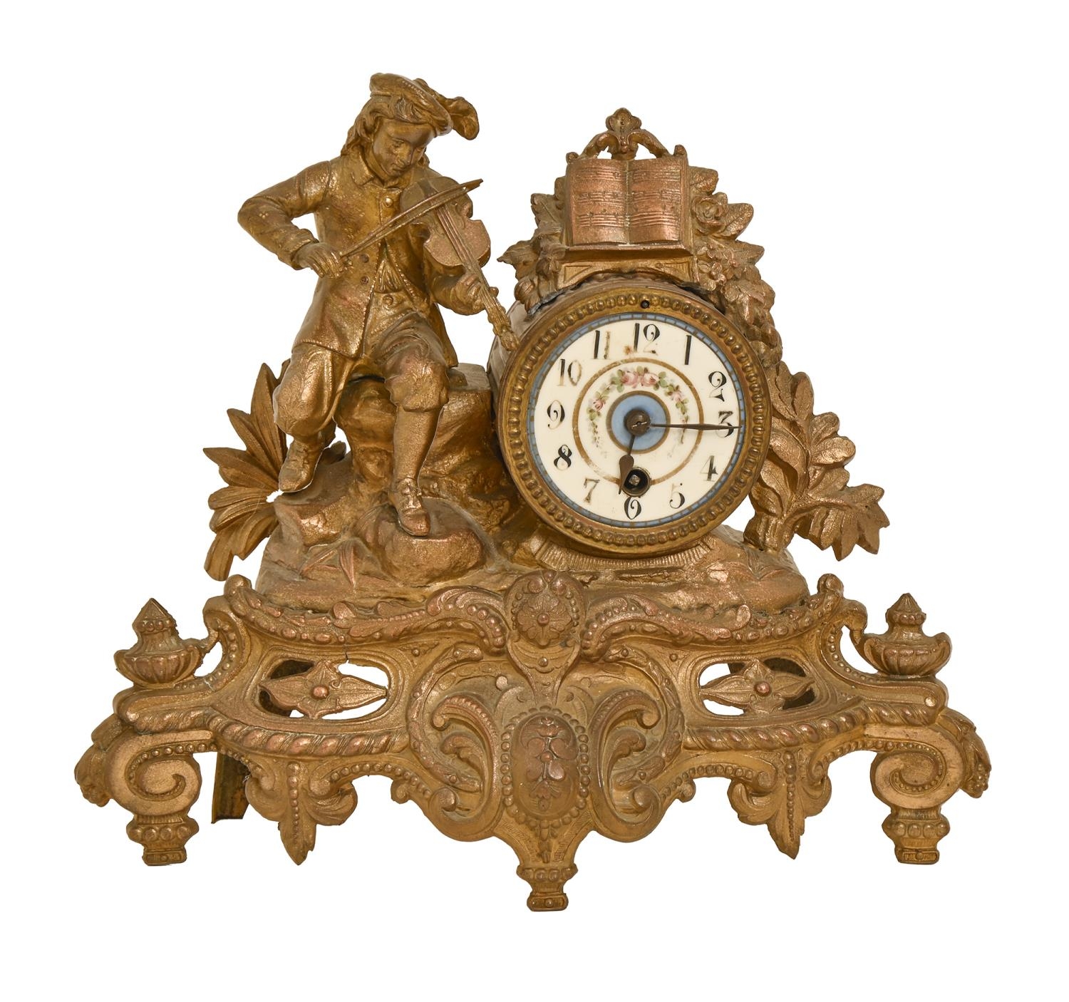 A late 19th c giltmetal figural mantel clock, the case stamped PH Mourey with painted enamel dial, - Image 2 of 2