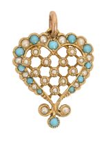 A split pearl and turquoise heart shaped openwork pendant with trellis centre, c1910, in gold, 20mm,