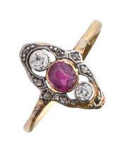 A ruby and diamond ring, c1910, with old cut diamonds, in gold, 2.7g, size N Ruby slightly worn as