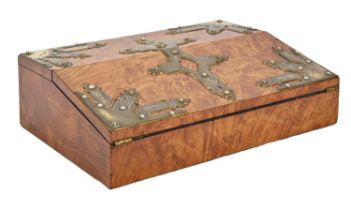 A Victorian walnut and marble wood writing box,  with ornate pierced brass strapwork, the interior