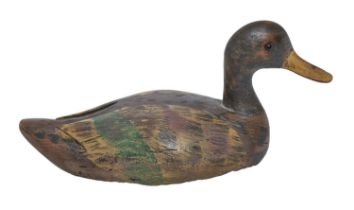 A painted wood duck decoy, with glass eyes, 32.5cm l Paint worn