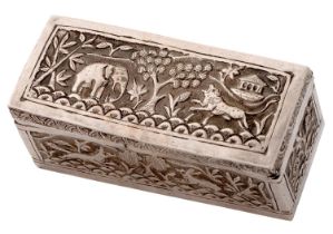 A South East Asian silver repousse box, c1900, 89mm l, 2ozs 7dwts Of thin gauge, dents and wear,