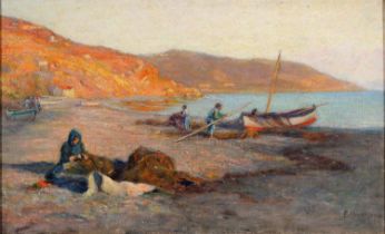 Frank Dickson (1862-1936) - Mending the Fishermen's Nets, signed, oil on canvas, 24.5 x 40cm Some