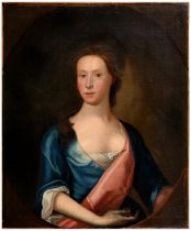 English School, late 17th c - Portrait of a Lady, bust length in a blue gown, feigned oval, 63 x