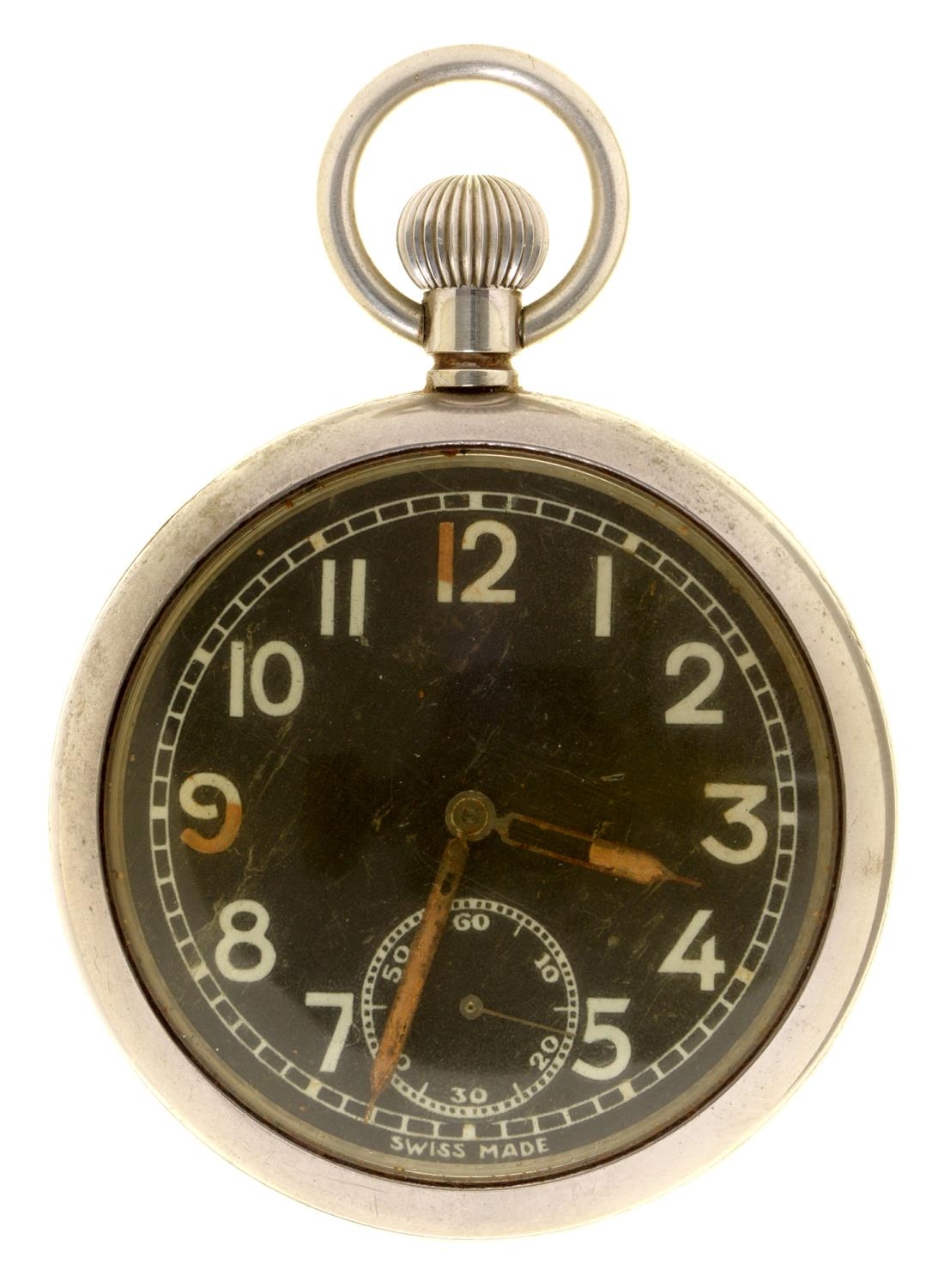 A WWII British military issue plated keyless lever watch, with black dial, 53mm diam, marked on