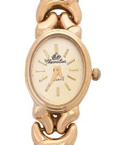 A 9ct gold oval lady's wristwatch,  quartz movement, 19mm, 9ct gold bracelet, 20.5g   Important