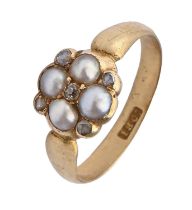 A split pearl ring with diamond accents, c1900, in gold marked 18ct, 3.2g, size K Good condition