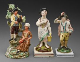 Two Staffordshire pearl ware figures of a youth and girl and a contemporary group of musicians,