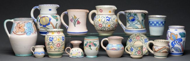 Miscellaneous Honiton ornamental pottery, mid 20th c, including jugs and vases, 20cm h and