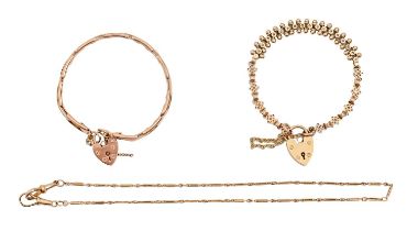 Two gold bracelets, one expanding, both with padlock and a gold watch chain, 24.6g (3) Good