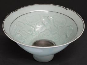 Studio ceramics. Margaret Frith (1943 - ) - Bowl, carved celadon with silver lustre, 22.5cm diam,