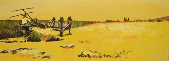 P. Harrington, 20th c - Haymaking, a pair, signed and dated 72, acrylic on boards, 17.5 x 48cm