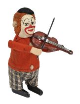 A Schuco clockwork tinplate and felt covered monkey musician, mid 20th c, 11cm h Good condition