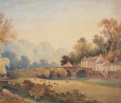 English School, early 19th c - Crossing the Bridge, with signature (W Evans), watercolour, 35 x 41.