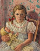 G. Langridge, mid-20th c - Portrait of a Young Girl with her Toy Doll, three-quarter length, signed,