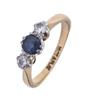 A sapphire and diamond ring, early 20th c, gold hoop marked 18ct & PLAT, 2.6g, size I½ Good