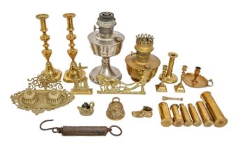 Miscellaneous brass and other metalware, including pierced brass inkstand, candlesticks, including