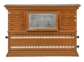 Billiards. An Edwardian oak scoreboard, c1910, the colours lettered in gilt with corresponding ivory