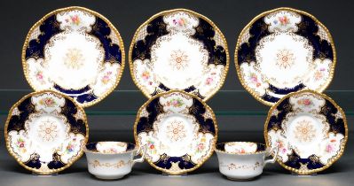 Two Coalport blue batwing pattern teacups, three saucers and three side plates, early 20th c,