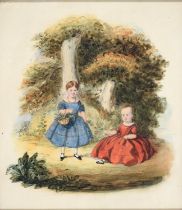 English School, 19th c - Two Children by Trees, watercolour, 21.5 x 18.5cm, bird's eye maple frame