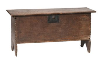 An English boarded oak chest, 18th c, the interior with till, 51cm h; 34 x 41cm Lid replaced, lock