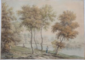Late 18th c Follower of Paul Sandby - An Angler and Servant Girl by a Tree lined River through a