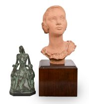 A late 20th c bronzed resin sculpture of a lady with two dogs, 35cm h and a contemporary