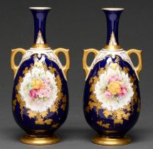 A pair of Royal Worcester vases, c1899, painted by Chair, both signed, with roses in raised gilt