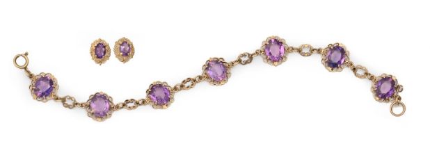 An amethyst bracelet, in 9ct gold, 19cm l, London, probably 1938 and a pair of similar earrings, 12g