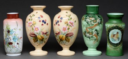 Three and a pair of enamelled glass vases, late 19th c, various sizes