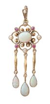 An opal and ruby openwork pendant, c1910, in gold, 43mm, marked 9ct, 2.3g Attractive and complete,