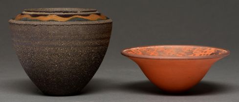 Studio ceramics. John Wheeldon (1950 - ) - Vase and Bowl, textured smokey black stoneware with