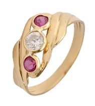 A white stone and synthetic ruby ring, in gold, marked 750, 1.7g, size L Hoop distorted