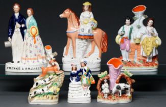 Six Staffordshire flatback figures and groups, 19th c, including the Prince and Princess of Wales,