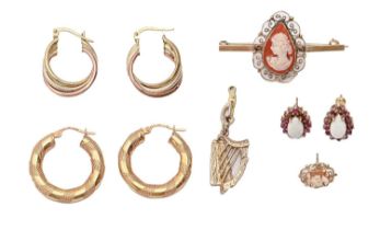 Miscellaneous gold articles, to include a pair of opal and ruby ear studs, approximately 12g Good