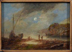 Charles Morris, Senior (1828-1870) - Coastal Scene by Moonlight, signed, oil on millboard, 11.5 x