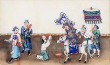 Chinese School, 19th c - Mounted Dignitary and Attendants, gouache on rice paper, 18 x 30.5cm Good