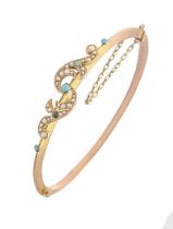 A Victorian split turquoise and pearl bangle, in 9ct gold, 57mm (internal), Birmingham 1899, 6.3g