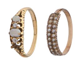 A split pearl ring, in gold on later gold hoop and an opal and diamond ring in 18ct gold, marks